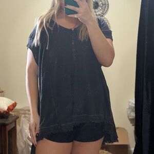 Free People Oversized Black Tee with Raw Hem